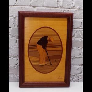 Vintage Hudson River Golfer Marquetry Artwork By Nelson